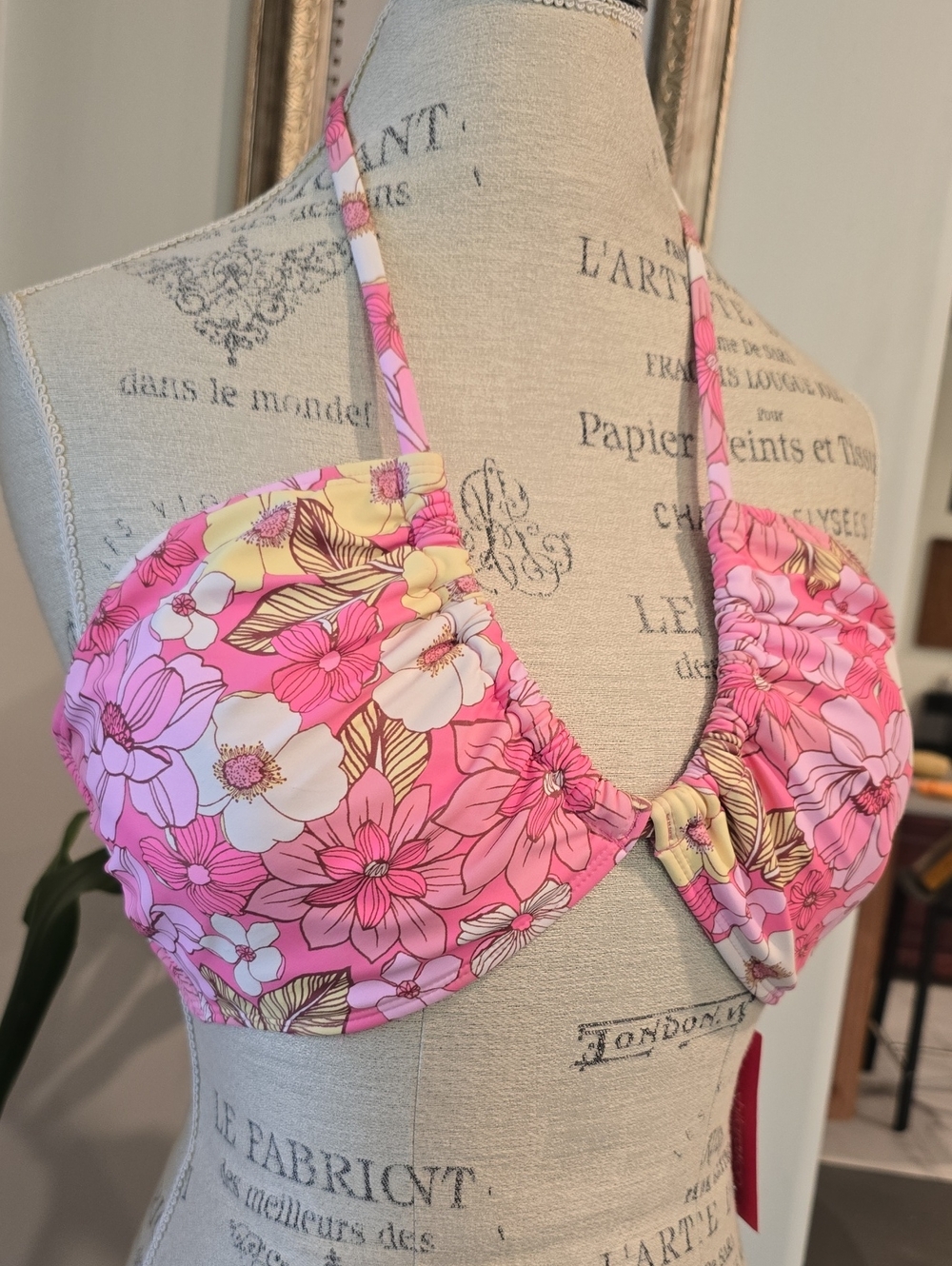 Xhilaration Pink Floral Bandeau Halter Bikini Top - Picture 3 of 6